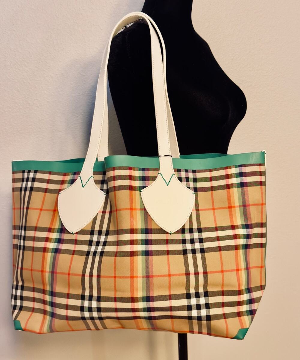 Burberry The Giant Reversible Medium Rainbow Vintage Check Tote Bag Palm Green